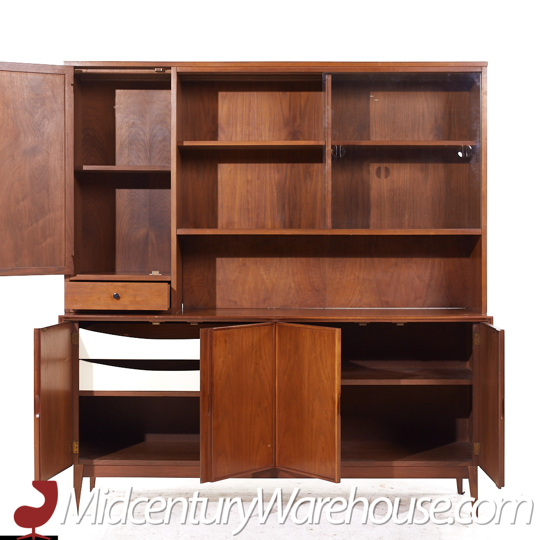 American of Martinsville Mid Century Walnut and Cane Credenza Credenza and Hutch