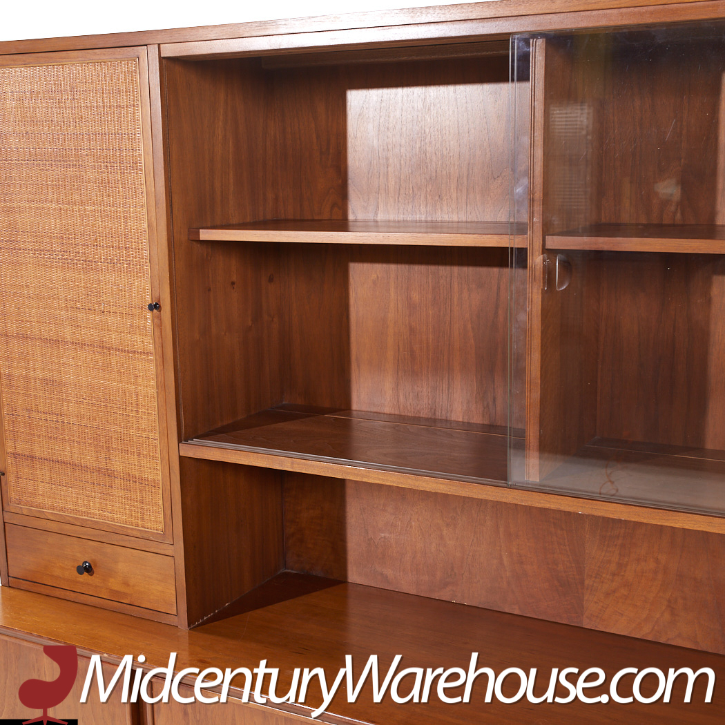 American of Martinsville Mid Century Walnut and Cane Credenza Credenza and Hutch