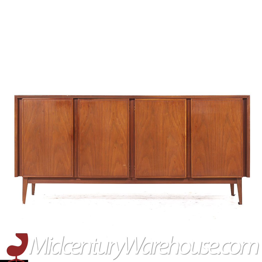 American of Martinsville Mid Century Walnut and Cane Credenza Credenza and Hutch