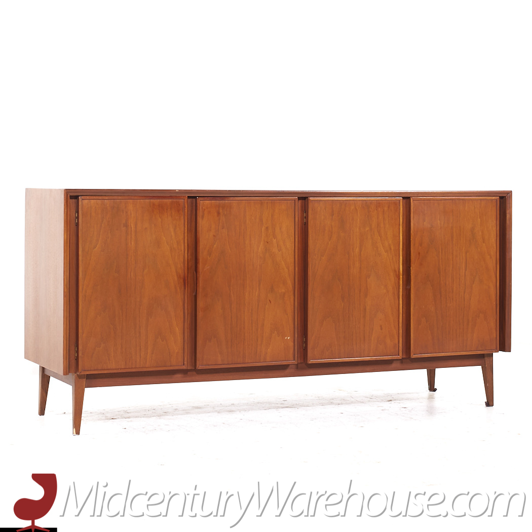 American of Martinsville Mid Century Walnut and Cane Credenza Credenza and Hutch