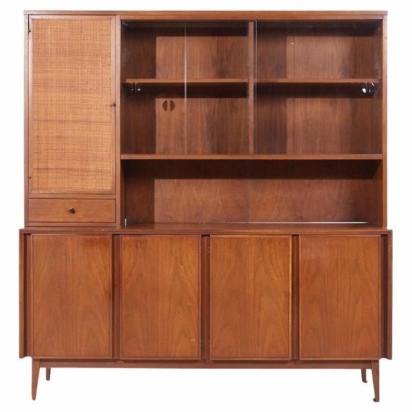 american of martinsville mid century walnut and cane credenza and hutch