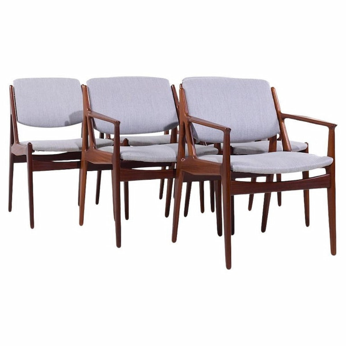 Arne Vodder for Sibast Elle and Ella Mid Century Teak Side and Captains Dining Chairs - Set of 6