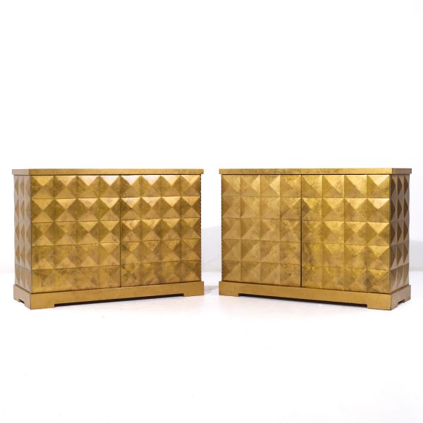 Barbara Barry for Baker Mid Century Gold Leaf Cabinet Credenza - Pair