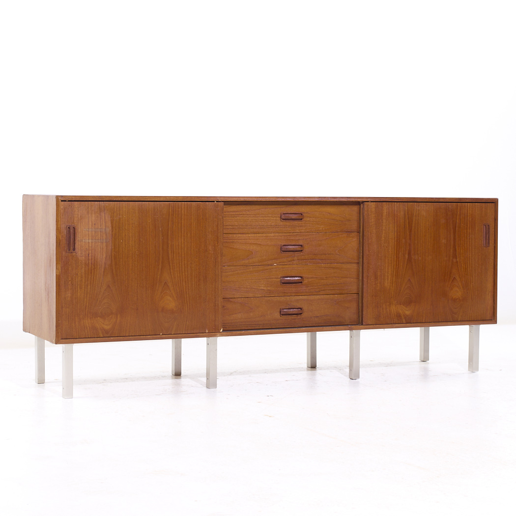 Dux Style Mid Century Teak and Chrome Danish Sliding Door Credenza