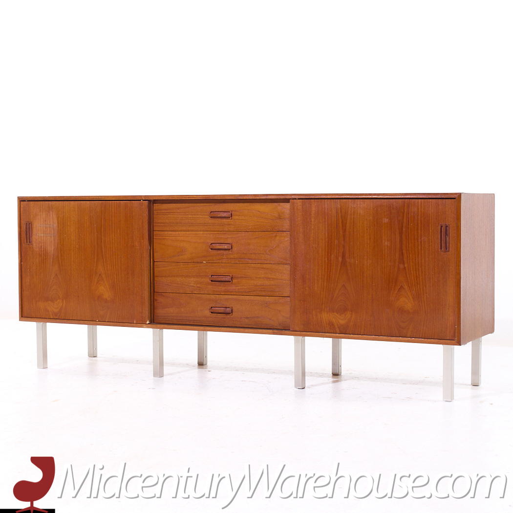 Dux Style Mid Century Teak and Chrome Danish Sliding Door Credenza