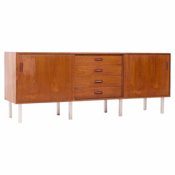 dux style mid century teak and chrome danish sliding door credenza