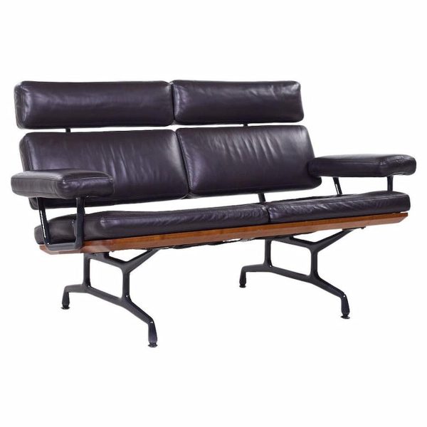 Eames for Herman Miller Model Es108 Mid Century Leather and Walnut Two-seat Sofa