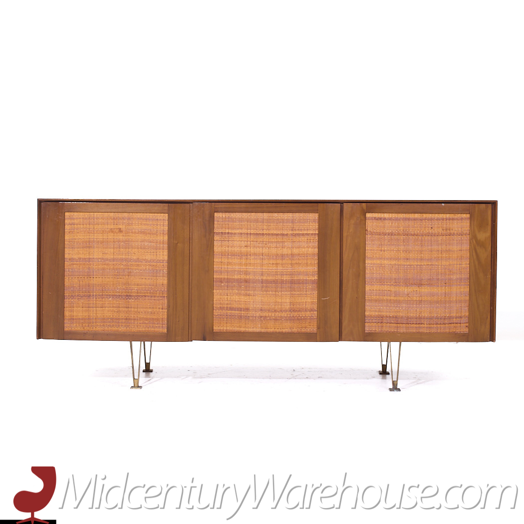 Gio Ponti for Singer and Sons Model 2184 Mid Century Walnut, Cane and Brass Credenza