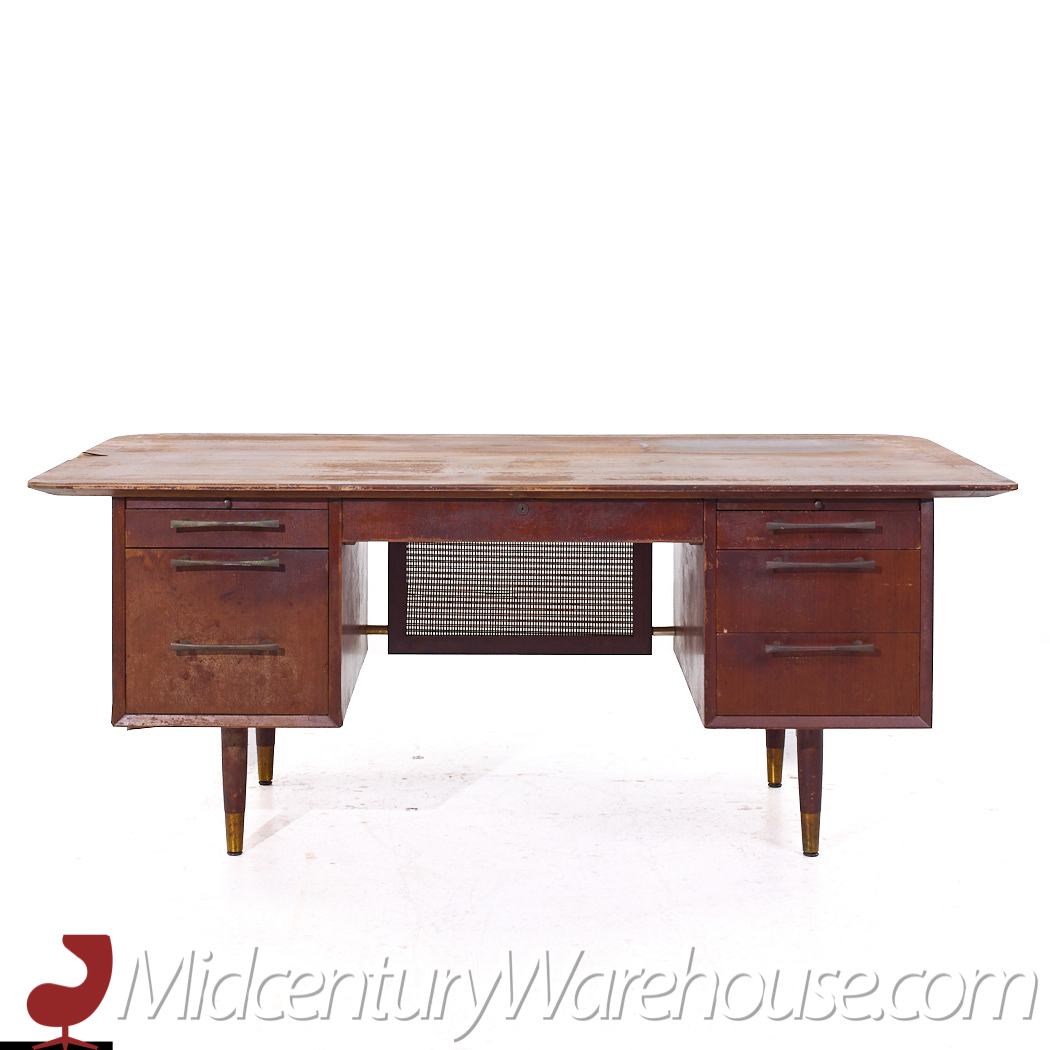 Jens Risom Style Jackson Mid Century Cane and Walnut Excutive Desk