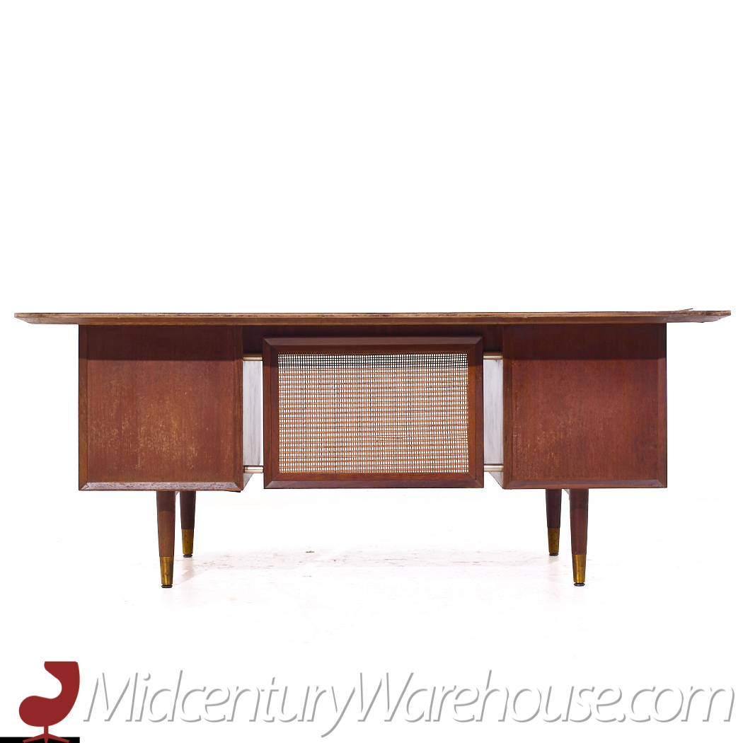 Jens Risom Style Jackson Mid Century Cane and Walnut Excutive Desk