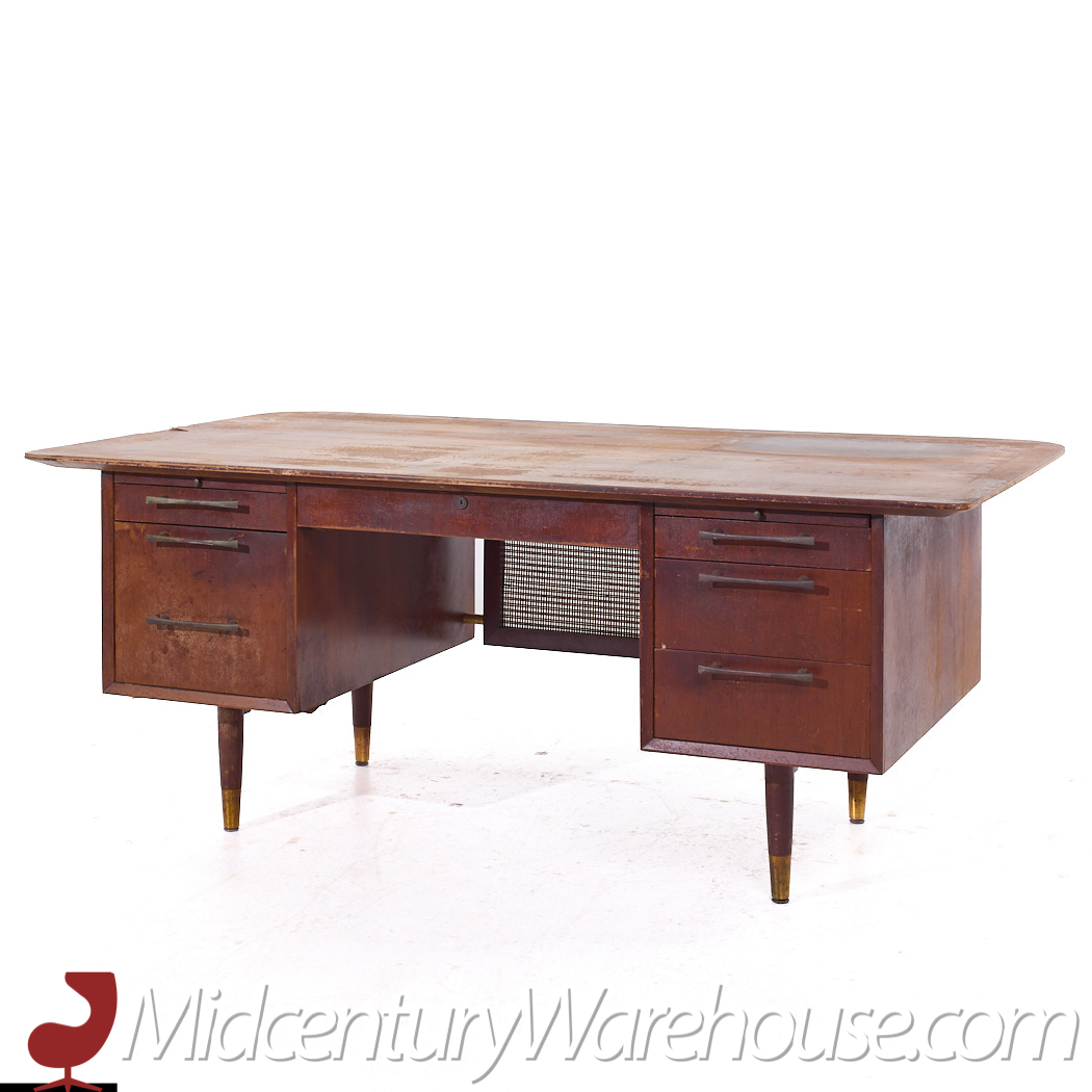 Jens Risom Style Jackson Mid Century Cane and Walnut Excutive Desk