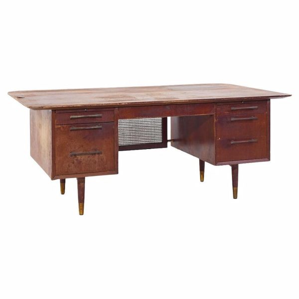 Jens Risom Style Jackson Mid Century Cane and Walnut Executive Desk