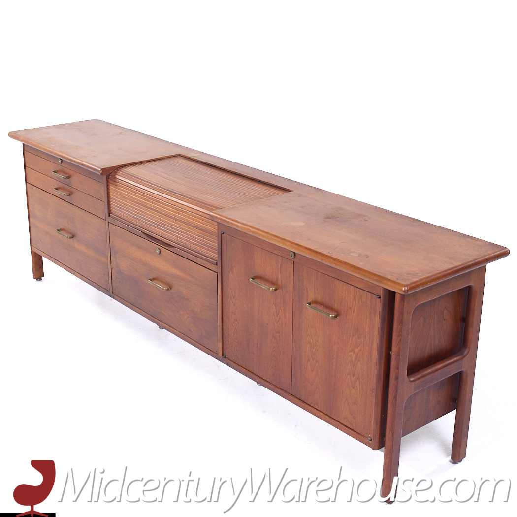 Jens Risom Style Standard Furniture Mid Century Walnut Tambour Door Credenza