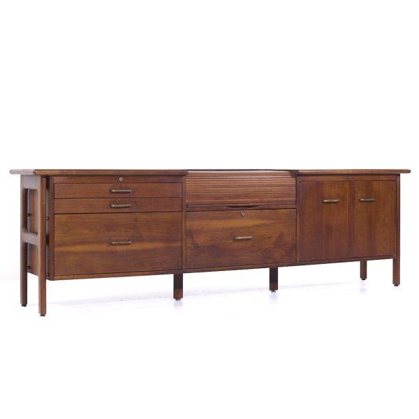 Jens Risom Style Standard Furniture Mid Century Walnut Tambour Door Credenza