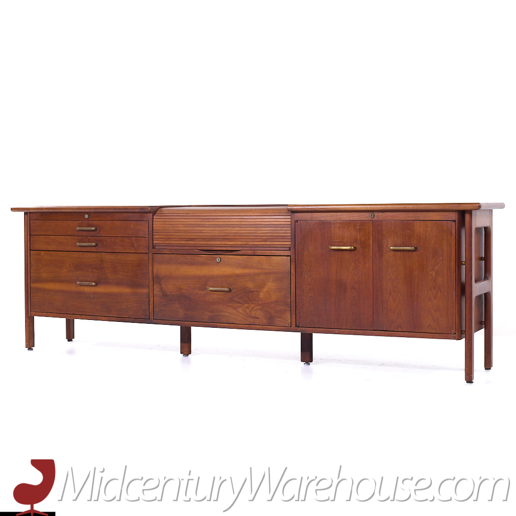 Jens Risom Style Standard Furniture Mid Century Walnut Tambour Door Credenza