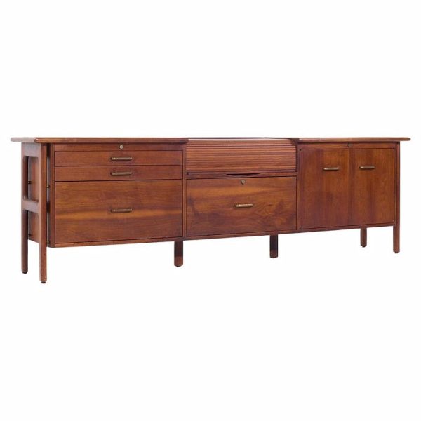 Jens Risom Style Standard Furniture Mid Century Walnut Tambour Door Credenza