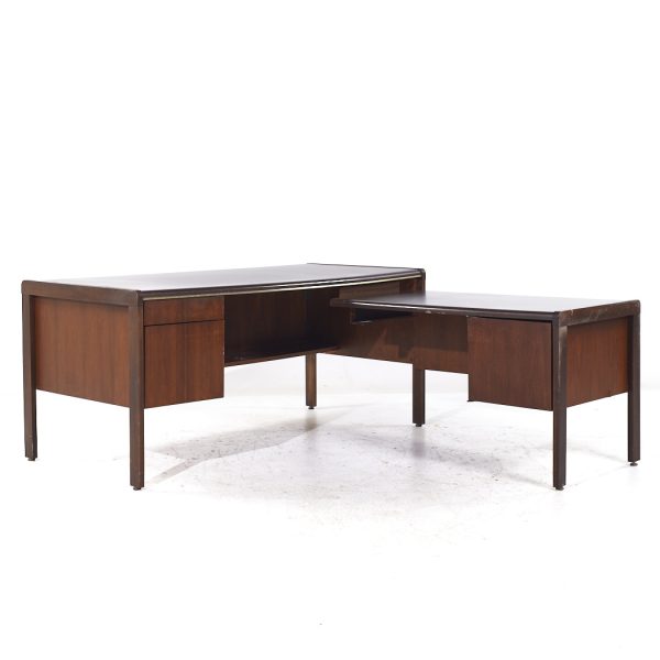 Kimball Style Mid Century Walnut and Leather Desk with Return