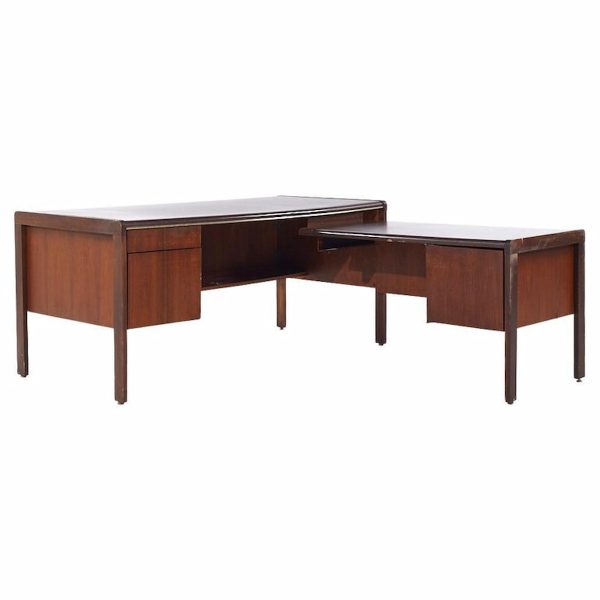 Kimball Style Mid Century Walnut and Leather Desk with Return