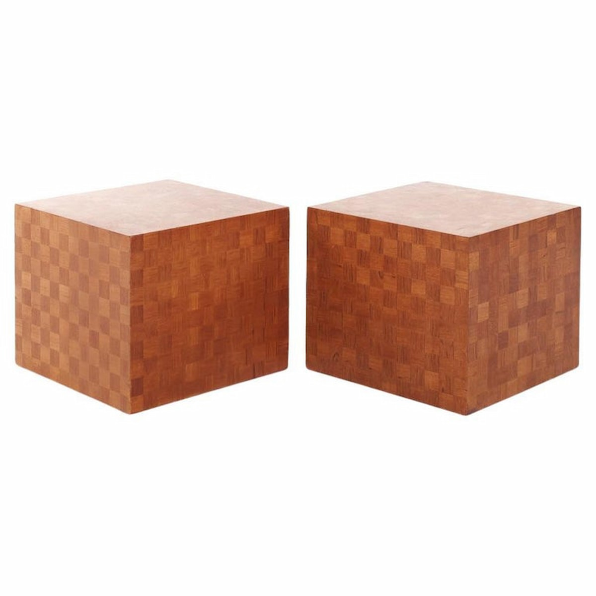 Thayer Coggin Style Mid Century Walnut Parquet Cube End Tables - Pair