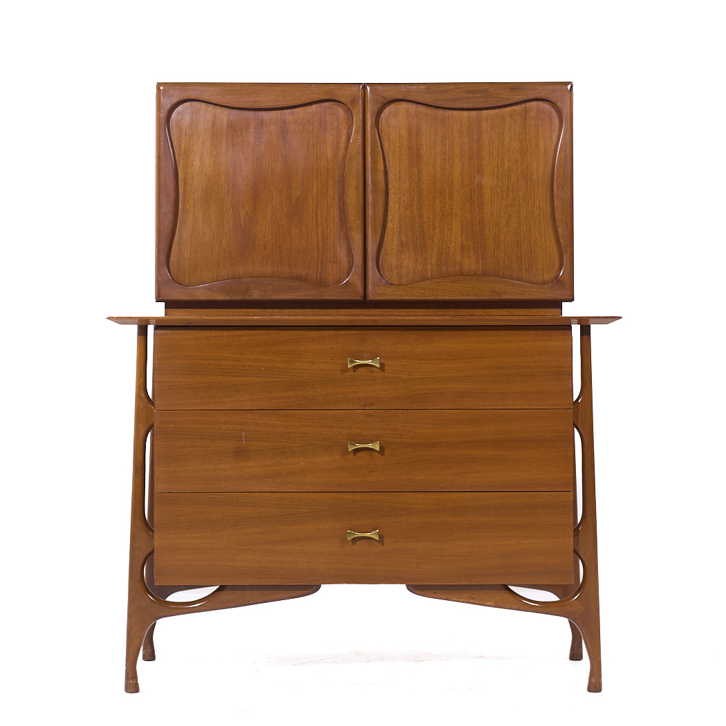 Vladimir Kagan Style Mid Century Sculptural Walnut Highboy Dresser