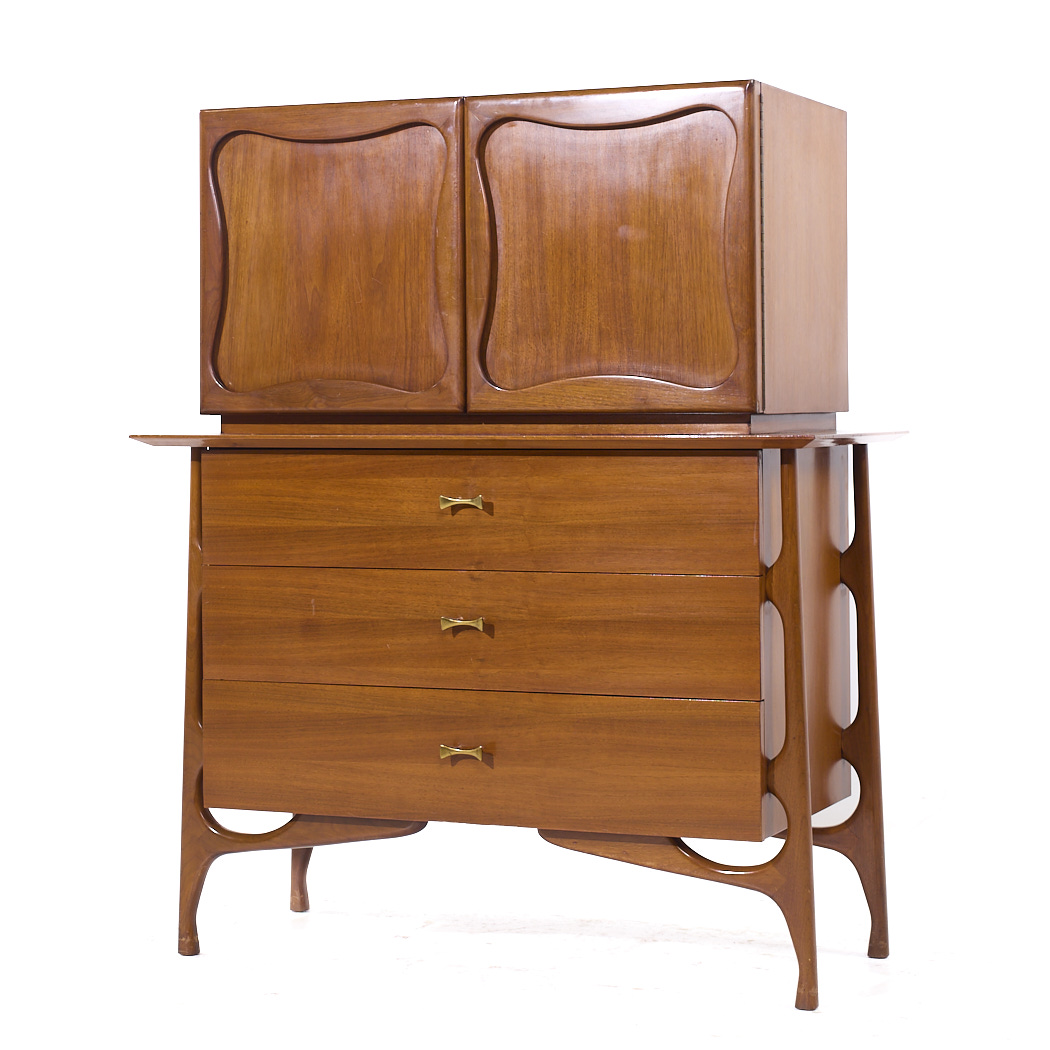 Vladimir Kagan Style Mid Century Sculptural Walnut Highboy Dresser