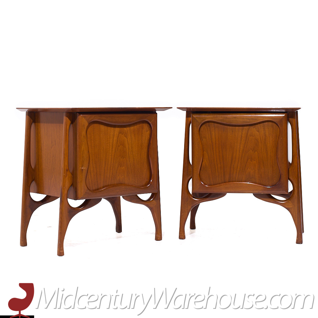 Vladimir Kagan Style Mid Century Sculptural Walnut Nightstands - Pair