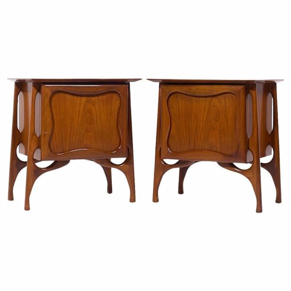 Vladimir Kagan Style Mid Century Sculptural Walnut Nightstands - Pair