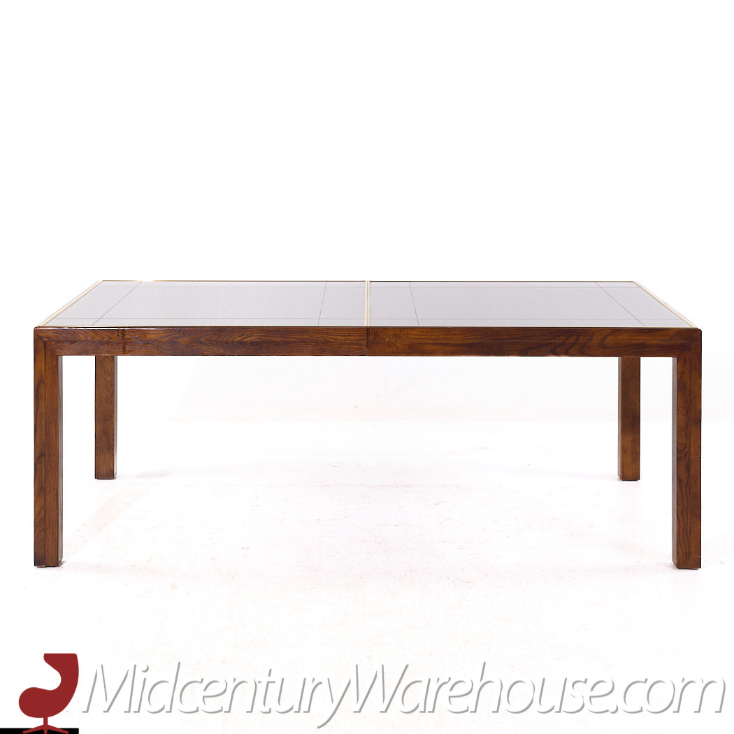 Henredon Mid Century Walnut and Mirrored Top Expanding Dining Table with 2 Leaves