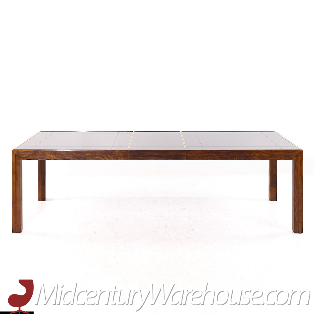 Henredon Mid Century Walnut and Mirrored Top Expanding Dining Table with 2 Leaves