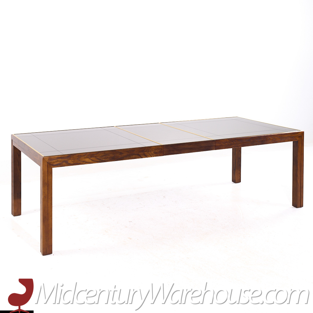 Henredon Mid Century Walnut and Mirrored Top Expanding Dining Table with 2 Leaves