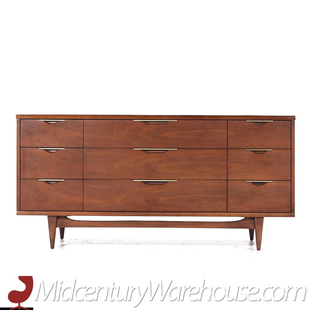 Kent Coffey Tableau Mid Century Walnut and Brass 9 Drawer Lowboy Dresser