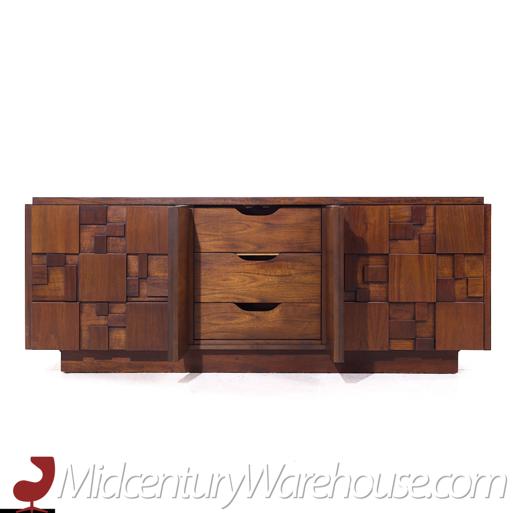 Lane Staccato Brutalist Mid Century Walnut Lowboy Dresser