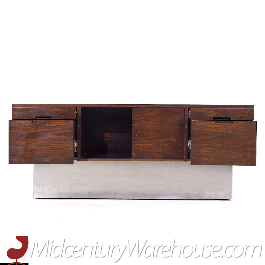 Milo Baughman Style Mid Century Rosewood and Chrome Plinth Credenza