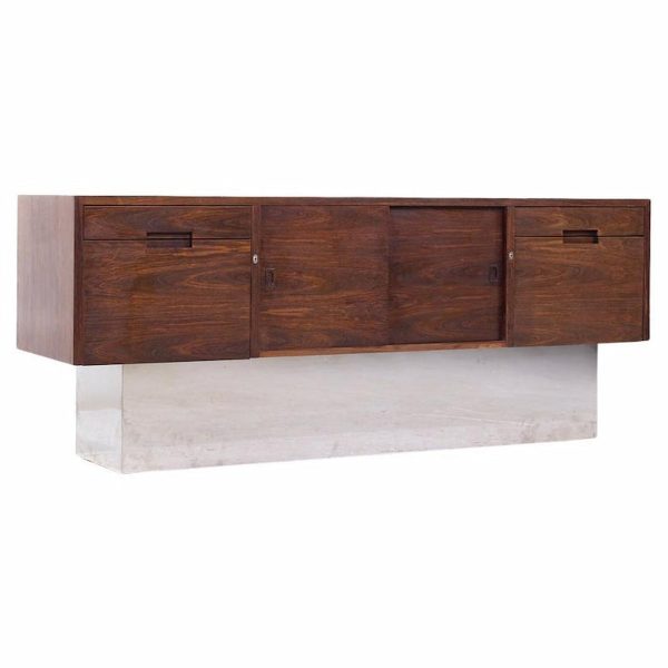 Milo Baughman Style Mid Century Rosewood and Chrome Plinth Credenza