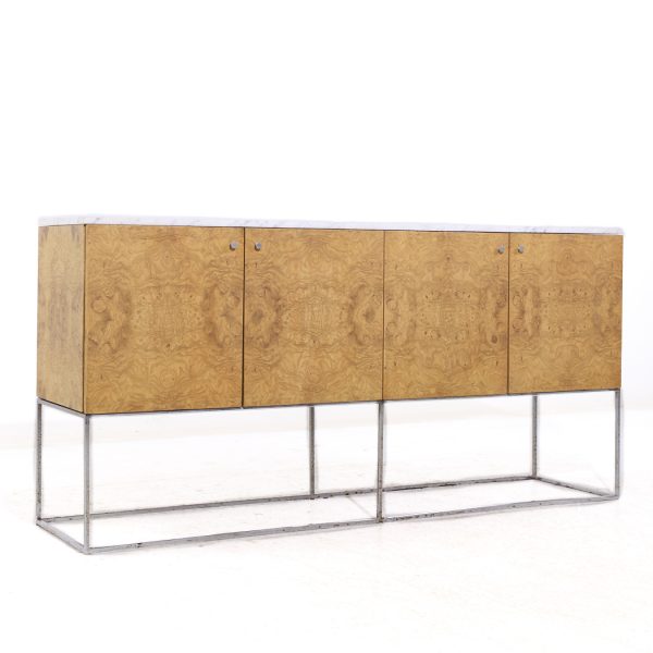 Milo Baughman for Thayer Coggin Mid Century Burlwood Chrome and Marble Credenza