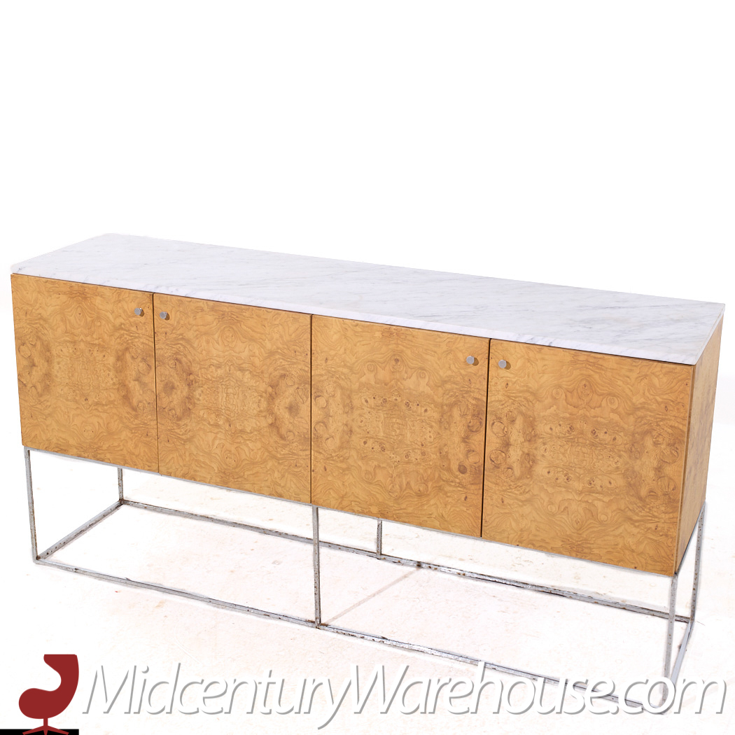 Milo Baughman for Thayer Coggin Mid Century Burlwood Chrome and Marble Credenza