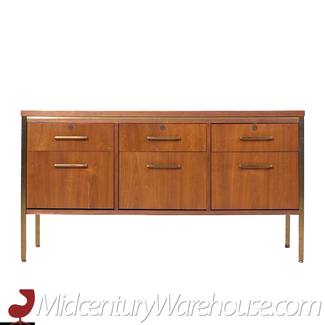 Alma Mid Century Brass and Walnut File Credenza