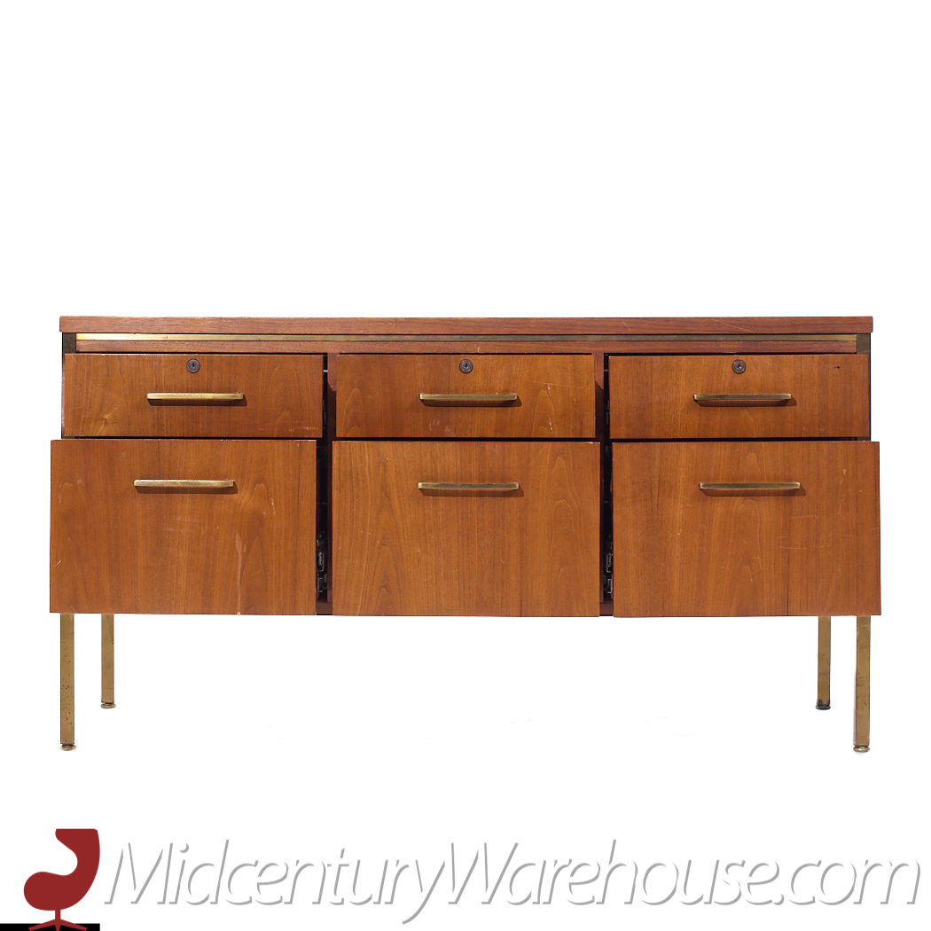 Alma Mid Century Brass and Walnut File Credenza