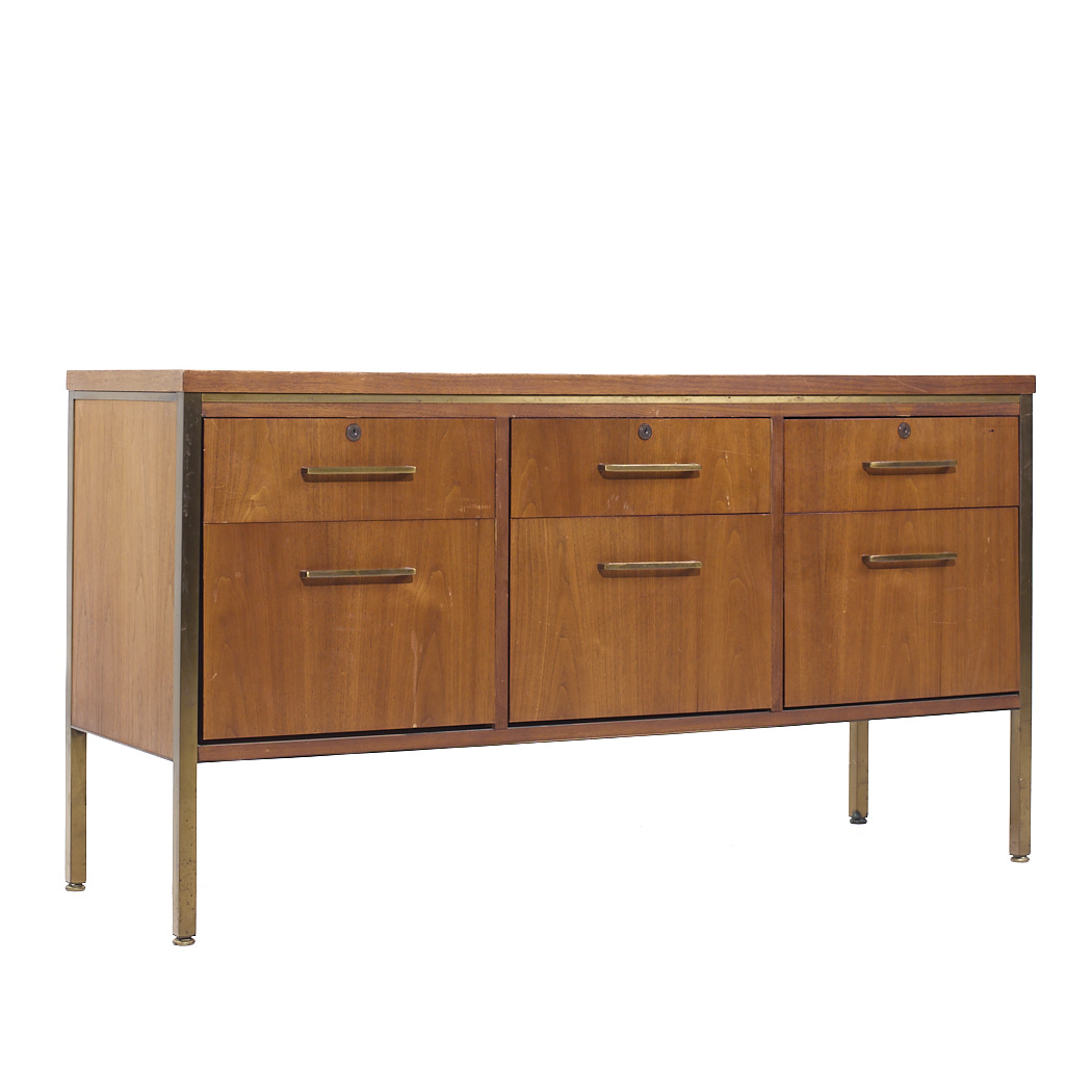 Alma Mid Century Brass and Walnut File Credenza