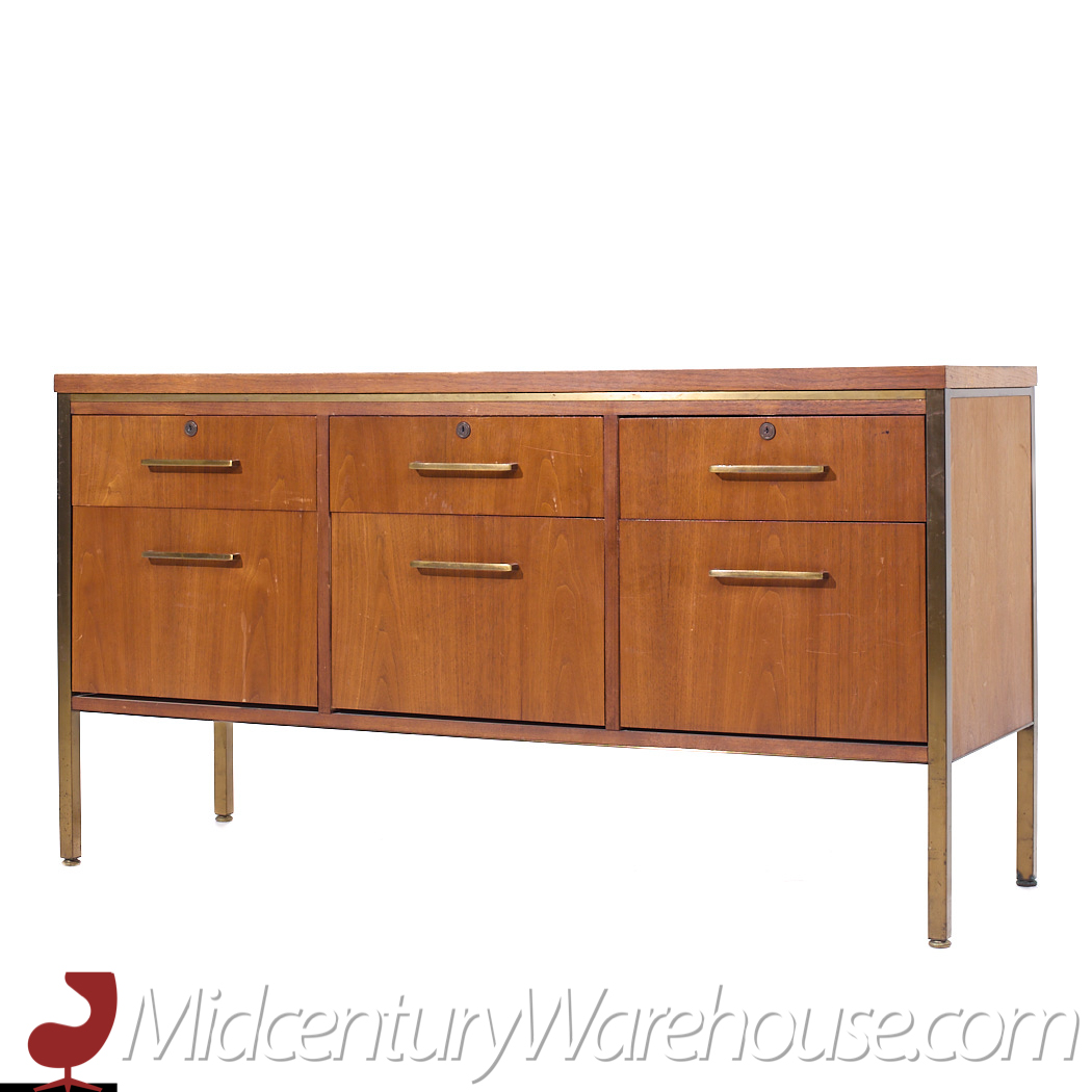 Alma Mid Century Brass and Walnut File Credenza