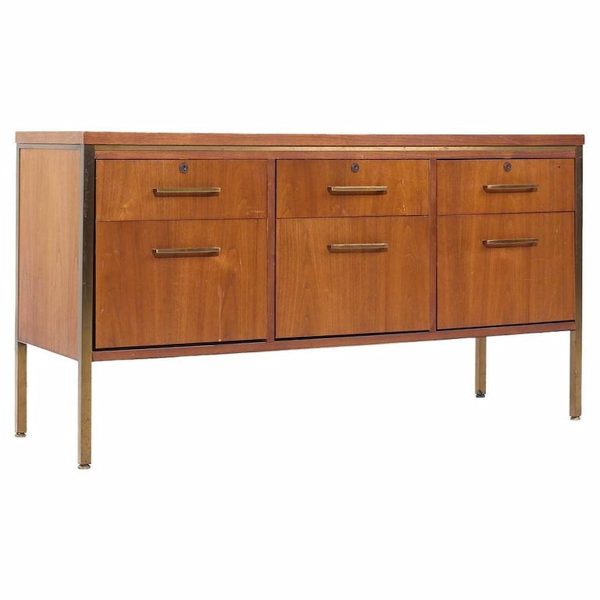 alma mid century brass and walnut file credenza