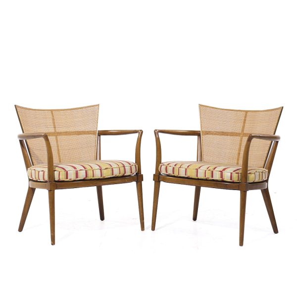 Bert England Mid Century Walnut Brass and Cane Back Lounge Chairs - Pair