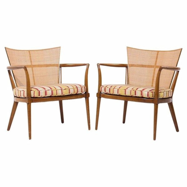 bert england mid century walnut brass and cane back lounge chairs - pair