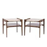 Bertha Schaefer for Singer and Sons Mid Century Sculpted Travertine and Walnut End Tables - Pair