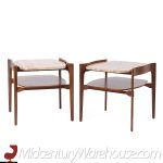 Bertha Schaefer for Singer and Sons Mid Century Sculpted Travertine and Walnut End Tables - Pair