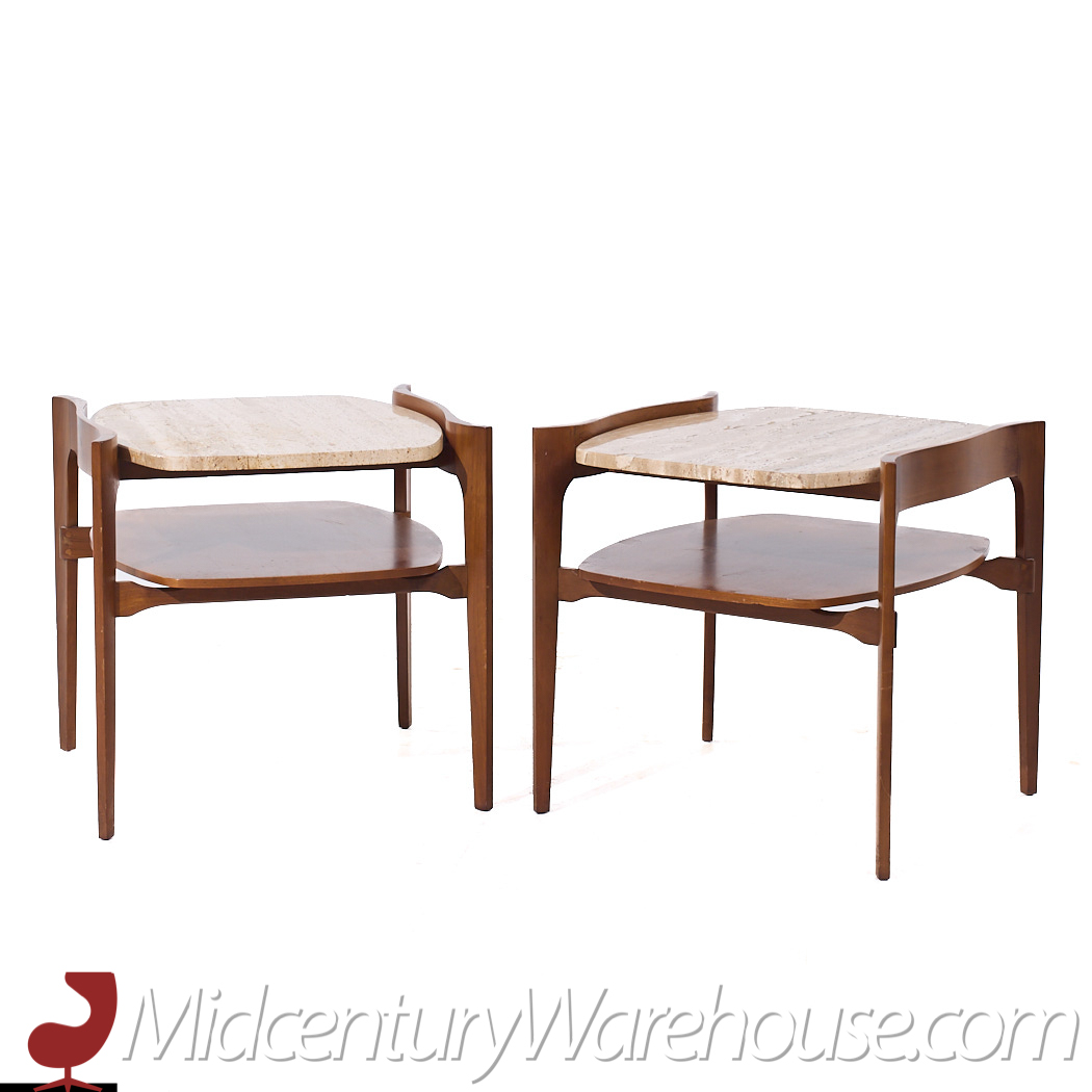 Bertha Schaefer for Singer and Sons Mid Century Sculpted Travertine and Walnut End Tables - Pair