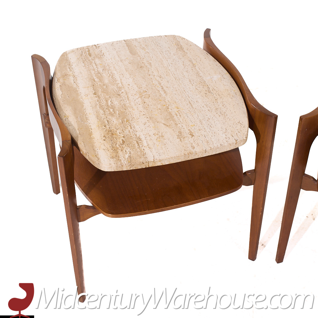 Bertha Schaefer for Singer and Sons Mid Century Sculpted Travertine and Walnut End Tables - Pair