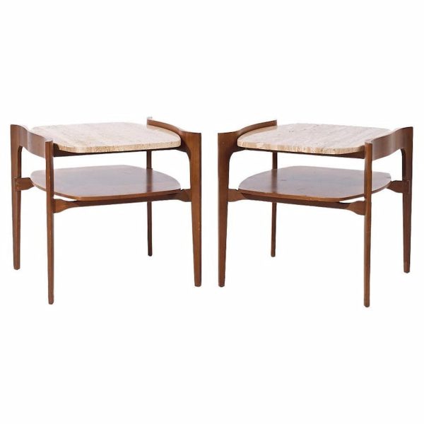 Bertha Schaefer for Singer and Sons Mid Century Sculpted Travertine and Walnut End Tables - Pair