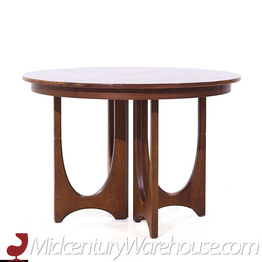 Broyhill Brasilia Mid Century Round Walnut Expanding Dining Table with 3 Leaves