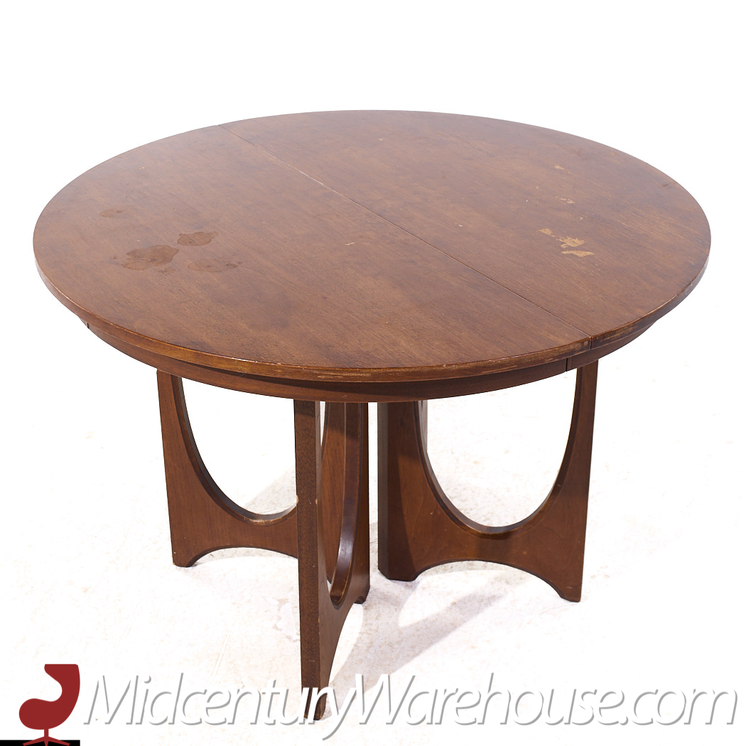 Broyhill Brasilia Mid Century Round Walnut Expanding Dining Table with 3 Leaves